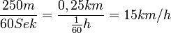 \frac{250m}{60Sek} = \frac{0,25km}{\frac{1}{60}h} = 15 km/h 