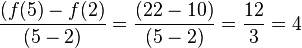 \frac {(f(5)-f(2)} {(5-2)}=\frac {(22-10)} {(5-2)}= \frac{12} {3}= 4
