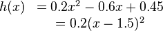
\begin{matrix}
h(x)&=0.2x^2-0.6x+0.45\\ &=0.2(x-1.5)^2
\end{matrix}

