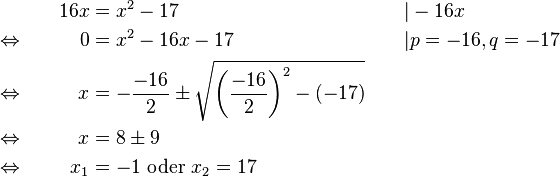 
\begin{alignat}{3}
&                                      & 16x &= x^2-17                                                                                                 &&| -16x\\
&\Leftrightarrow \qquad &     0 &= x^2-16x-17                                                                                         &&| p=-16, q=-17\\
&\Leftrightarrow             &     x &= -\frac{-16}{2} \pm \sqrt{\left(\frac{-16}{2}\right)^2-(-17)} \qquad &&\\
&\Leftrightarrow             &     x &= 8 \pm 9                                                                                               &&\\
&\Leftrightarrow             &  x_1 &= -1 \text{ oder } x_2=17                                                                        &&
\end{alignat}
