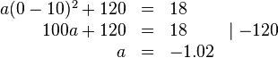 \begin{array}{rlll}
a(0-10)^2+120&=&18 \\
100a+120&=&18 &\mid -120 \\
a&=&-1.02
\end{array}
