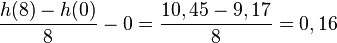  \frac{h(8)-h(0)}8-0 = \frac{10,45-9,17}8 = 0,16 