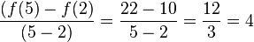\frac {(f(5)-f(2)} {(5-2)}=\frac {22-10} {5-2}= \frac{12} {3}= 4