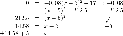 
\begin{array}{rlll}
0 & = & -0,08(x-5)^2+17 & \mid :-0,08 \\
 &=& (x-5)^2-212.5 & \mid +212.5 \\ 
 212.5 &=& (x-5)^2 & \mid \sqrt{ } \\ 
\pm 14.58 &=& x-5 & \mid +5 \\
\pm 14.58+5 &=& x & \\
\end{array}
