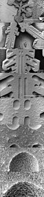 Aufnahme eines Eiskristalls mit einem Tieftemperatur-Elektronen-Mikroskop in verschiedenen Vergrößerungen